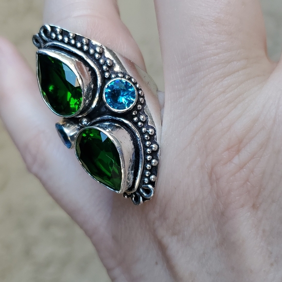 New Chrome Diopside and Blue Topaz 925 Silver Statement Ring. - Picture 8 of 16